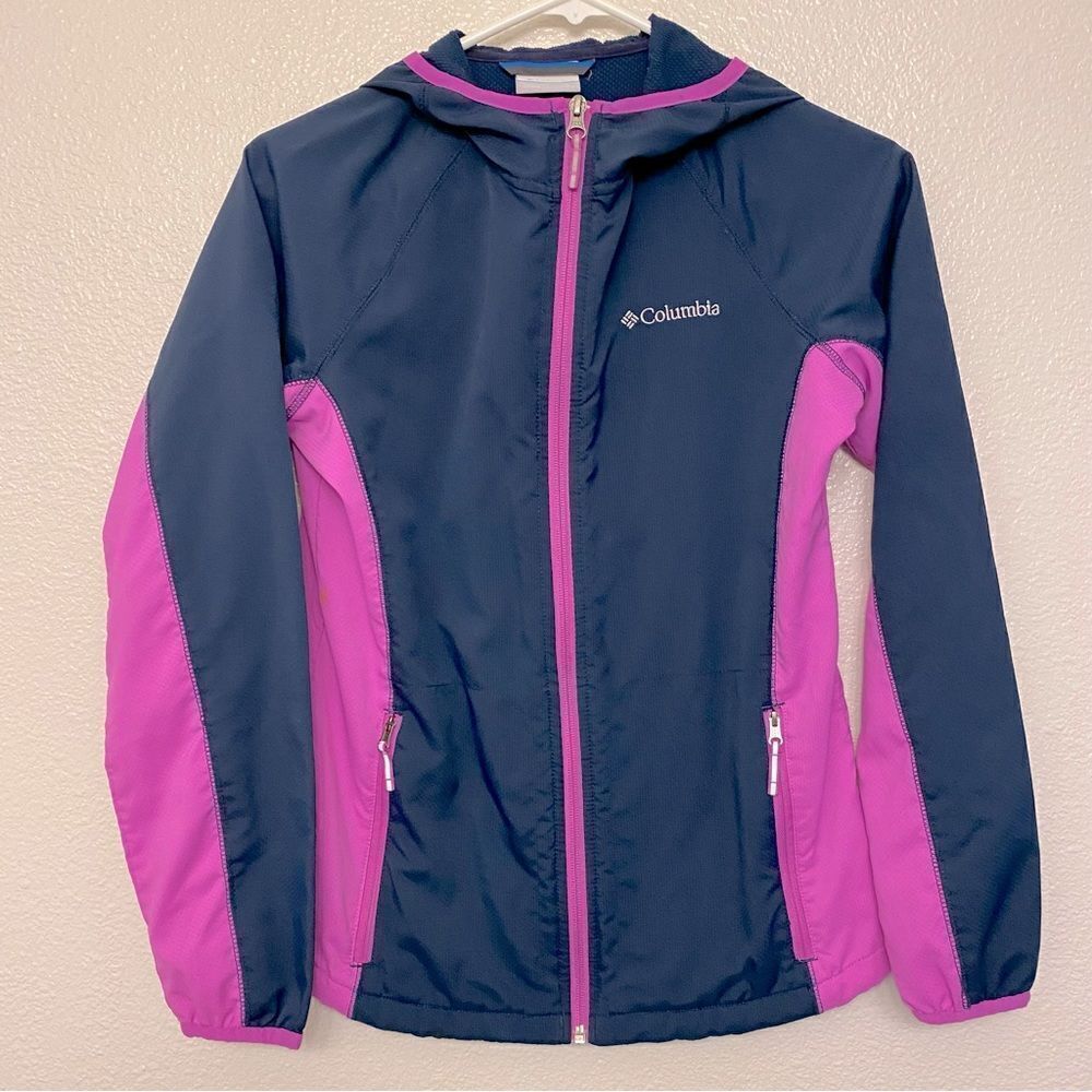 Columbia girls hooded windbreaker jacket Navy blue hot pink-L 14/16